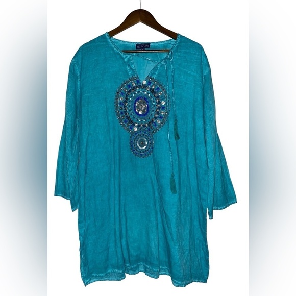 Fig & Vine Oversize Relax Fit Tunic Women XL Teal Boho Hippie Southwest Cotton‎ - Picture 1 of 8